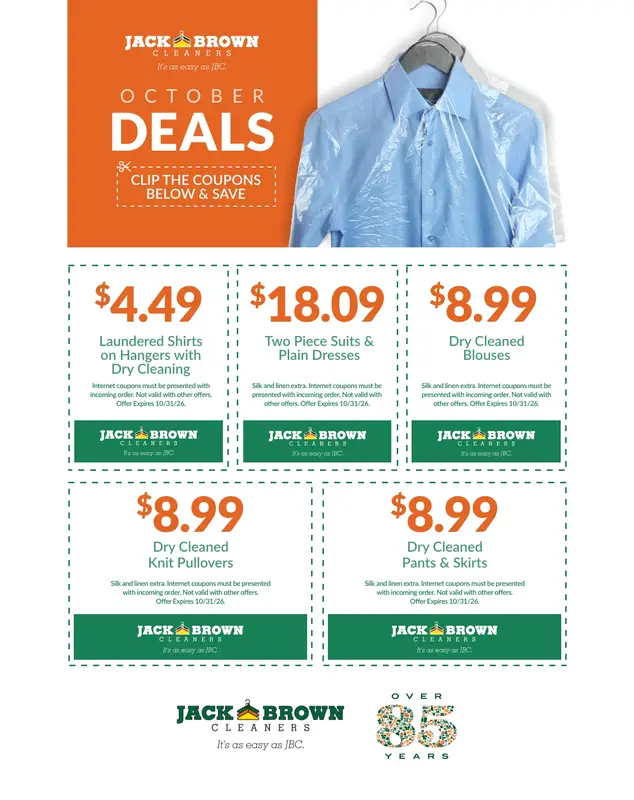 Jack Brown Cleaners coupons for October 2026